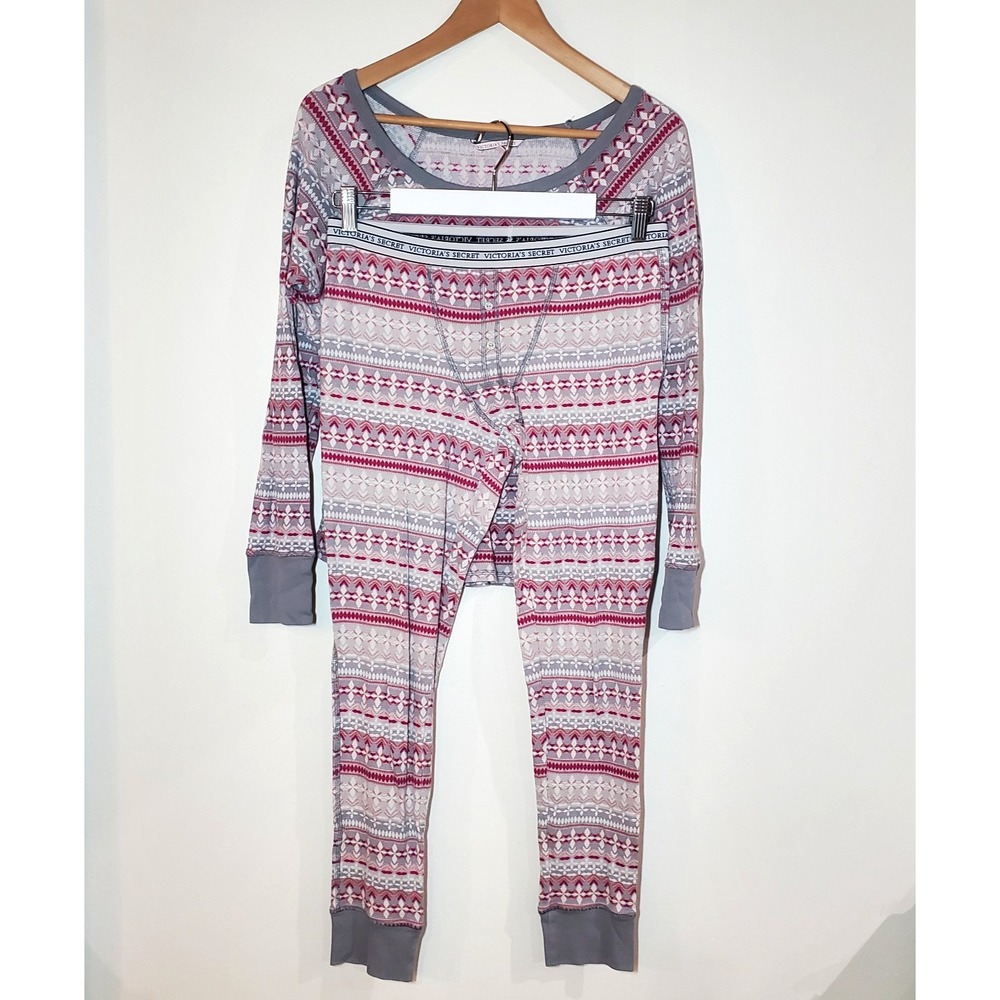 Victoria's Secret Fireside Long Jane Thermal Pajama Set Fair Isle Pink Grey M